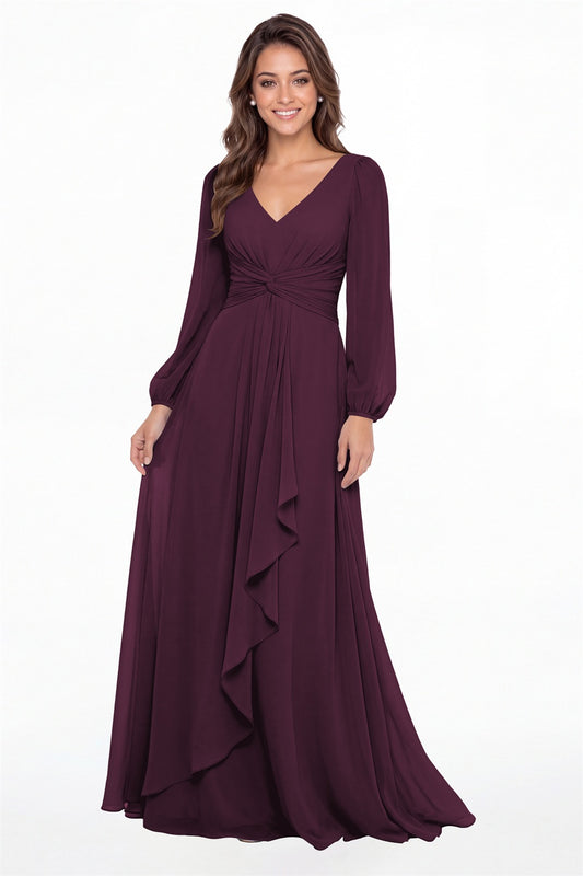 Plum V-Neck Long Sleeve Ruched Chiffon Ruffle Maxi Gown - Front View