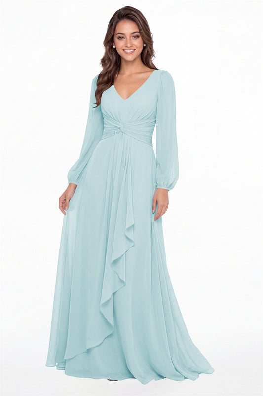 Powder Blue V-Neck Long Sleeve Ruched Chiffon Ruffle Maxi Gown - Front View