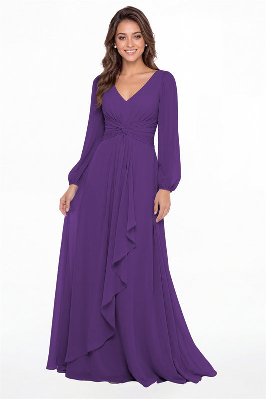 Purple V-Neck Long Sleeve Ruched Chiffon Ruffle Maxi Gown - Front View