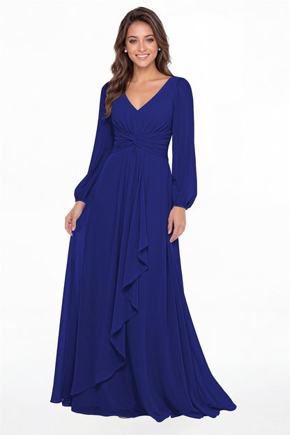Royal Blue V-Neck Long Sleeve Ruched Chiffon Ruffle Maxi Gown - Front View