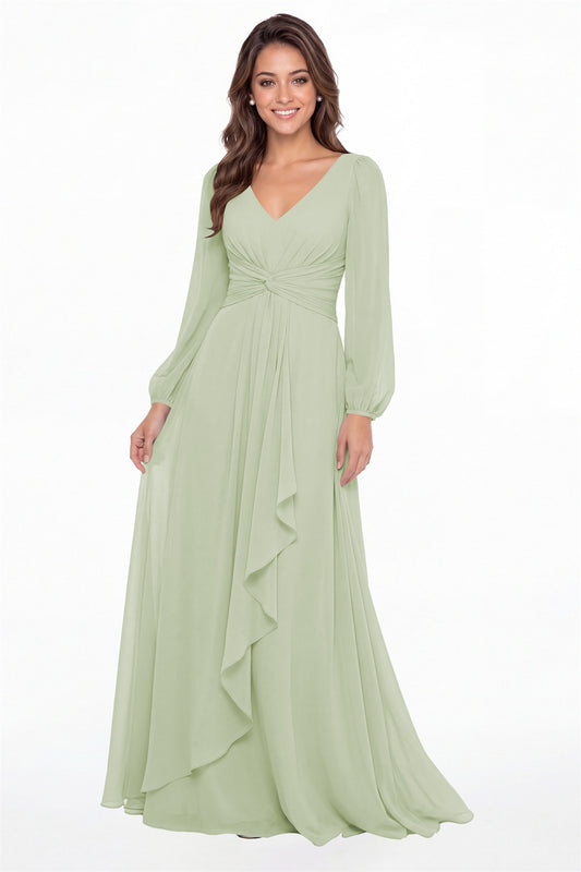 Sage Green V-Neck Long Sleeve Ruched Chiffon Ruffle Maxi Gown - Front View