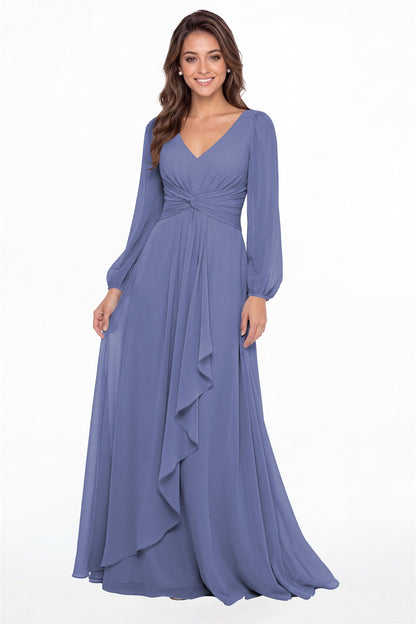 Steel Blue V-Neck Long Sleeve Ruched Chiffon Ruffle Maxi Gown - Front View