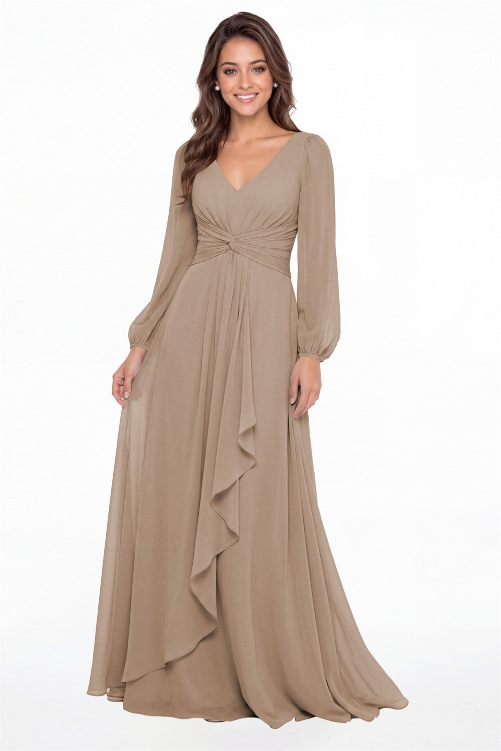 Taupe V-Neck Long Sleeve Ruched Chiffon Ruffle Maxi Gown - Front View
