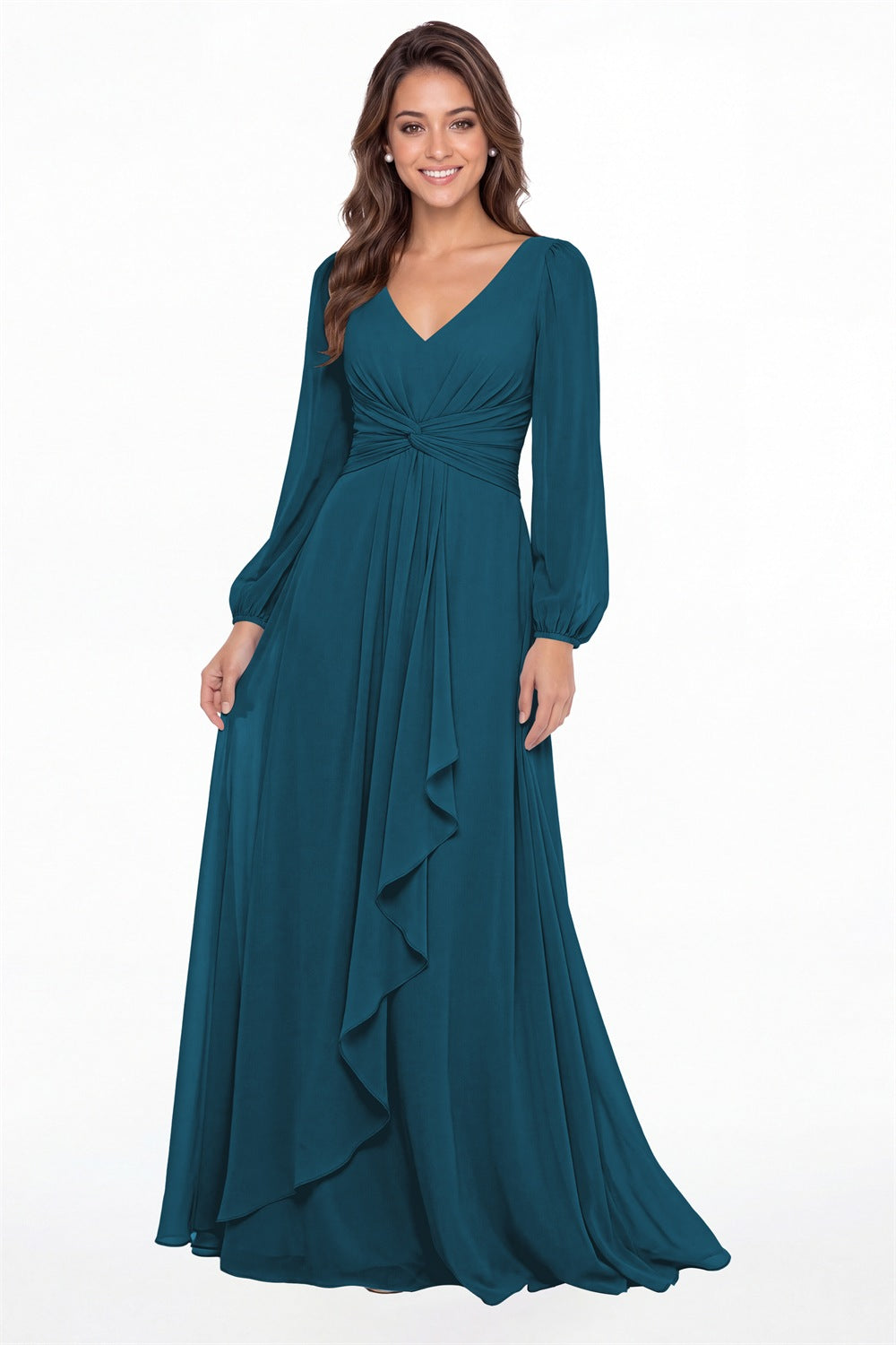 Teal V-Neck Long Sleeve Ruched Chiffon Ruffle Maxi Gown - Front View