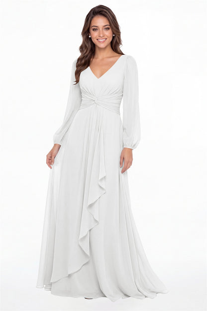 White V-Neck Long Sleeve Ruched Chiffon Ruffle Maxi Gown - Front View