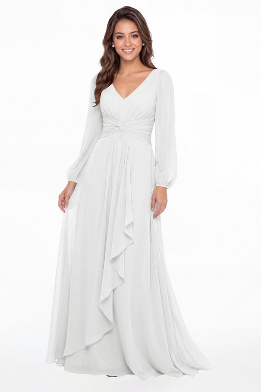 White V-Neck Long Sleeve Ruched Chiffon Ruffle Maxi Gown - Front View