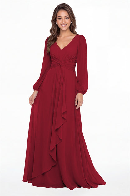 Wine Red V-Neck Long Sleeve Ruched Chiffon Ruffle Maxi Gown - Front View