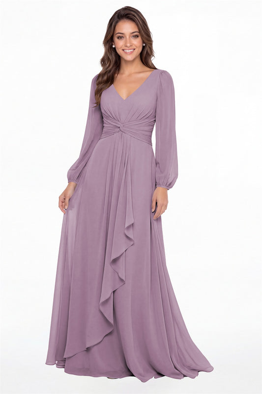 Wisteria V-Neck Long Sleeve Ruched Chiffon Ruffle Maxi Gown - Front View