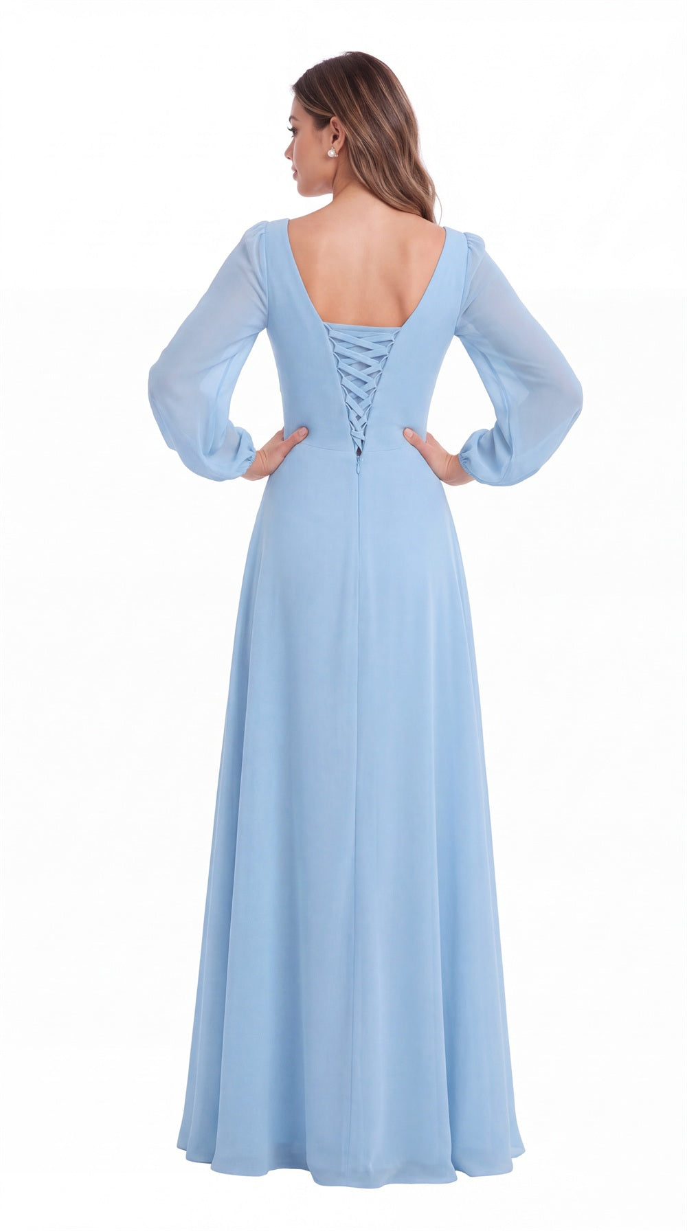 V-Neck Long Sleeve Ruched Chiffon Ruffle Maxi Gown - Back View