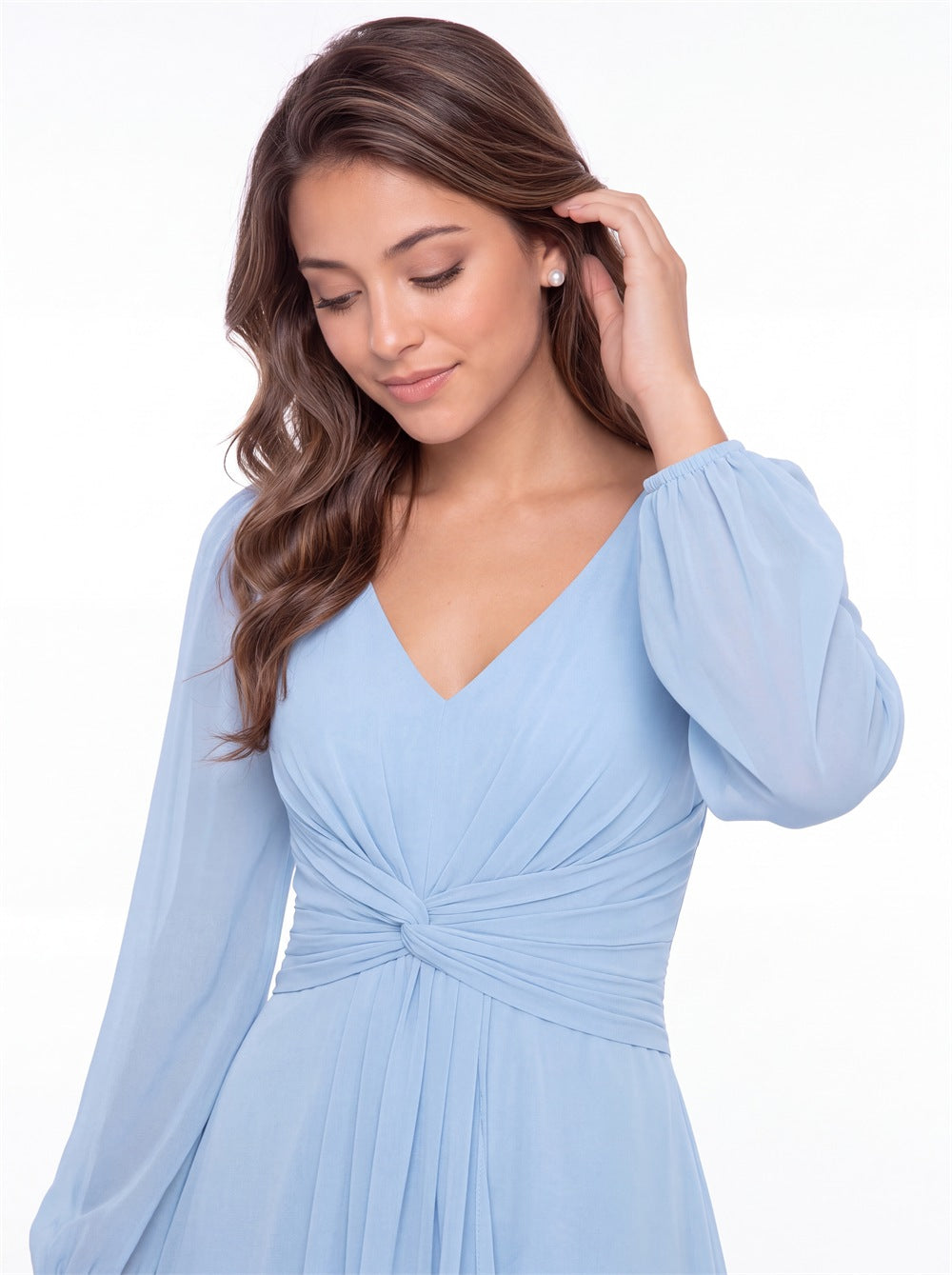 V-Neck Long Sleeve Ruched Chiffon Ruffle Maxi Gown - Detail View 1