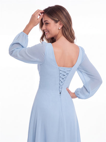 V-Neck Long Sleeve Ruched Chiffon Ruffle Maxi Gown - Detail View 2