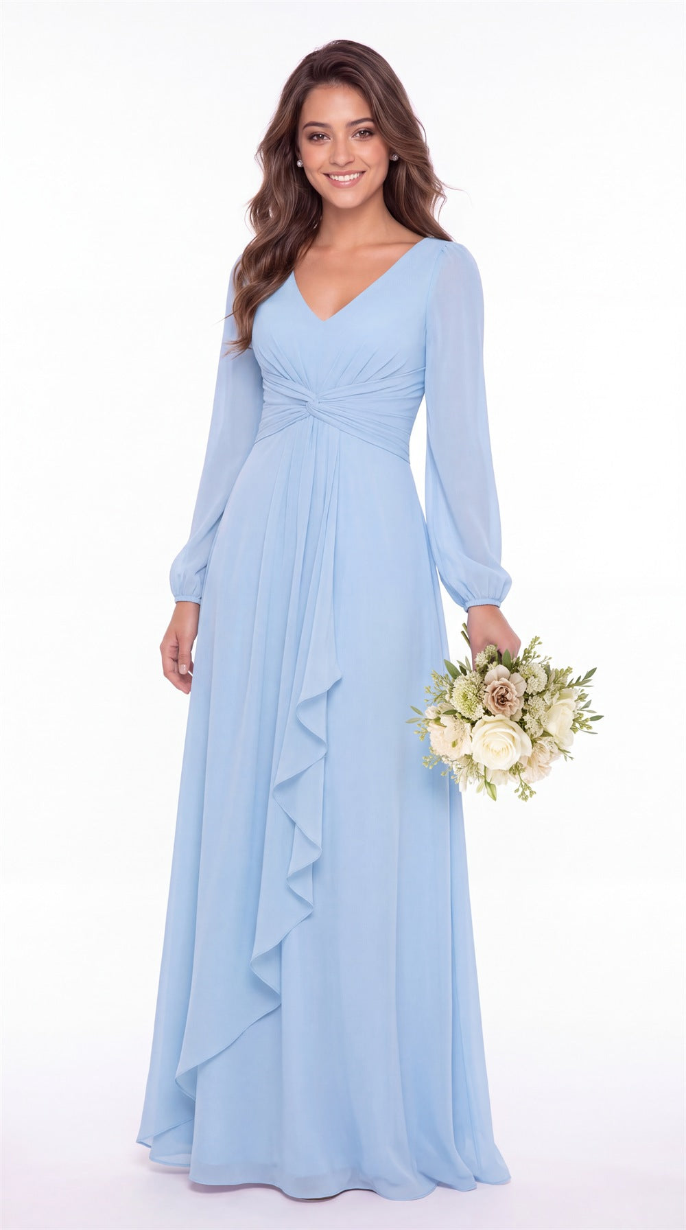 V-Neck Long Sleeve Ruched Chiffon Ruffle Maxi Gown - Detail View 3