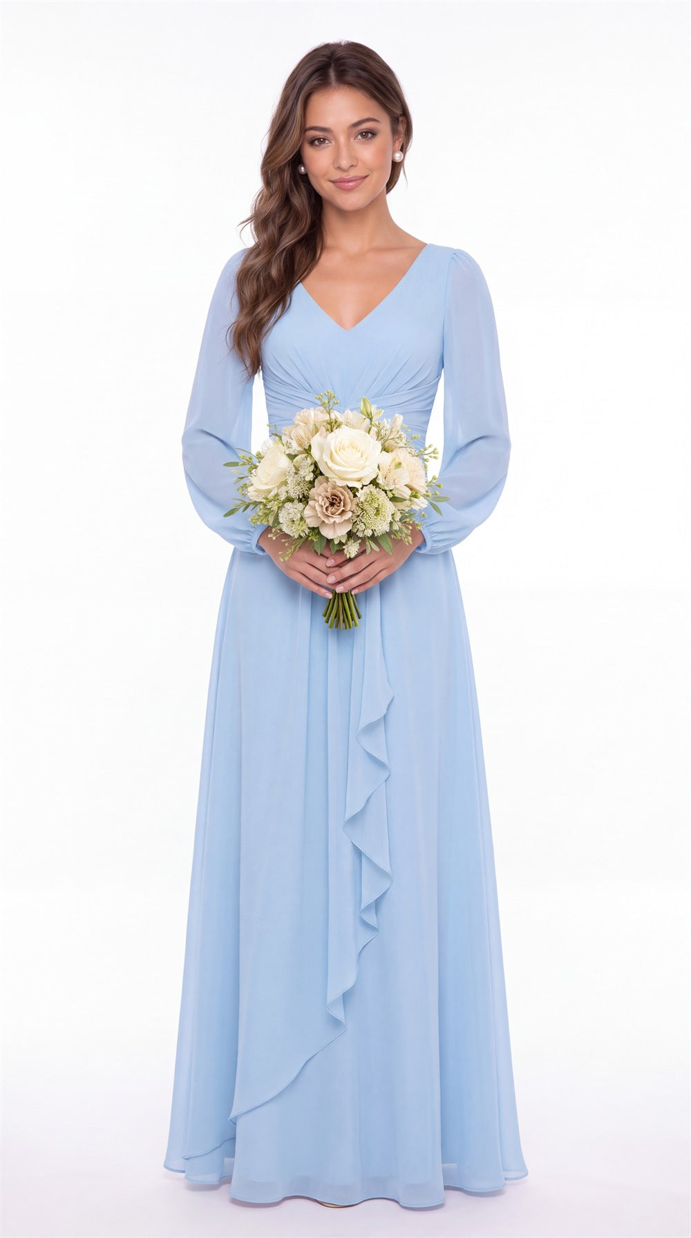V-Neck Long Sleeve Ruched Chiffon Ruffle Maxi Gown - Detail View 4