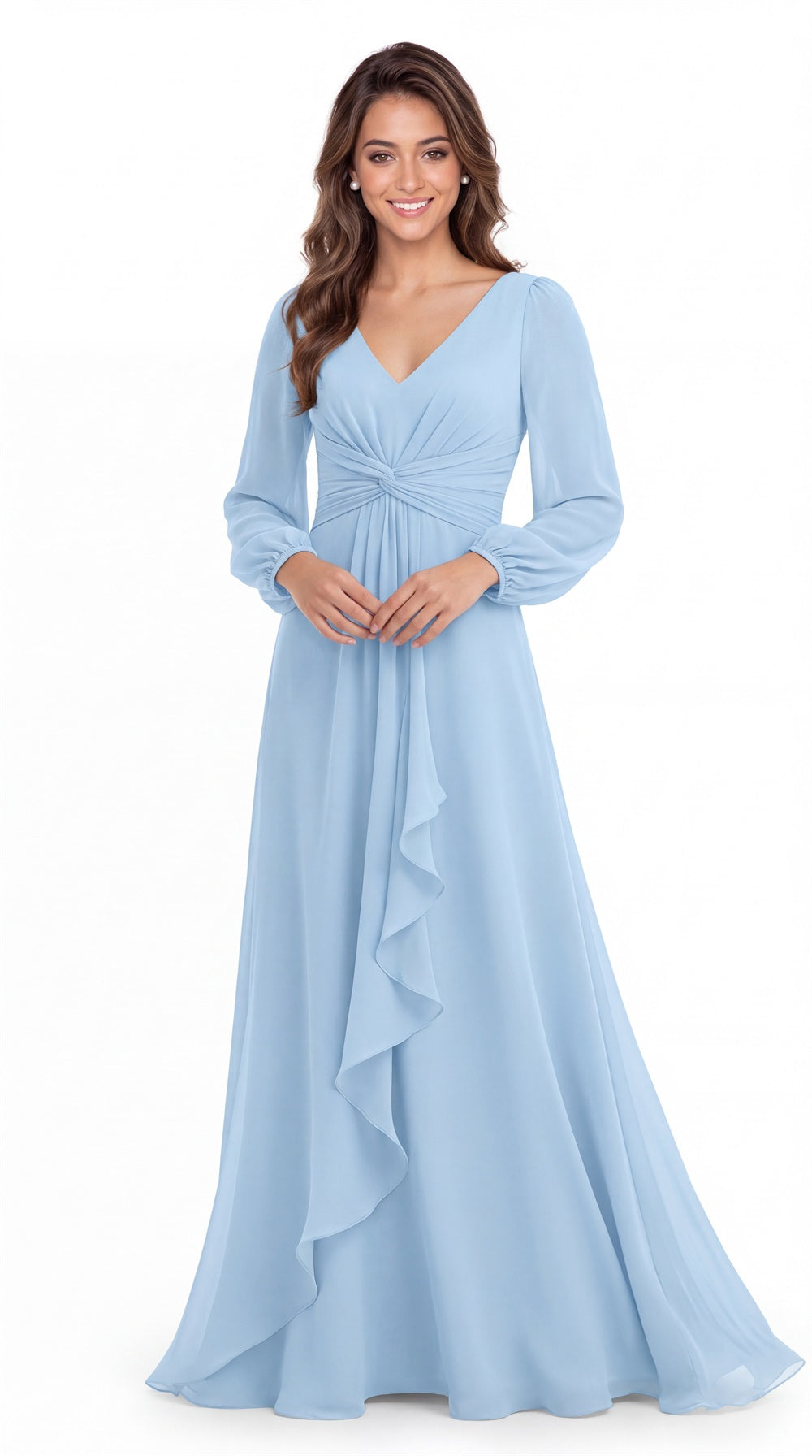 V-Neck Long Sleeve Ruched Chiffon Ruffle Maxi Gown - Detail View 5