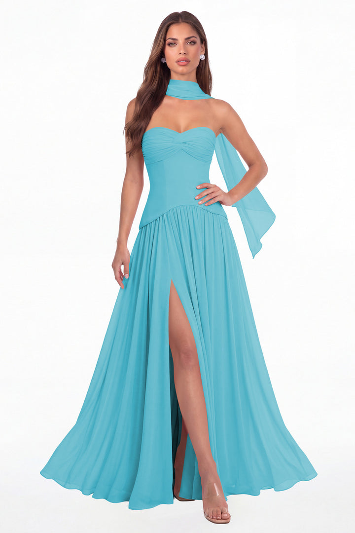 Aqua Blue Strapless Ruched Chiffon Scarf Slit Maxi Gown - Front View