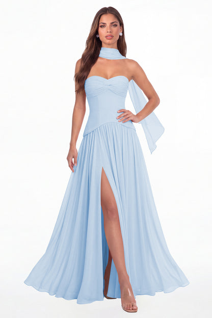 Baby Blue Strapless Ruched Chiffon Scarf Slit Maxi Gown - Front View