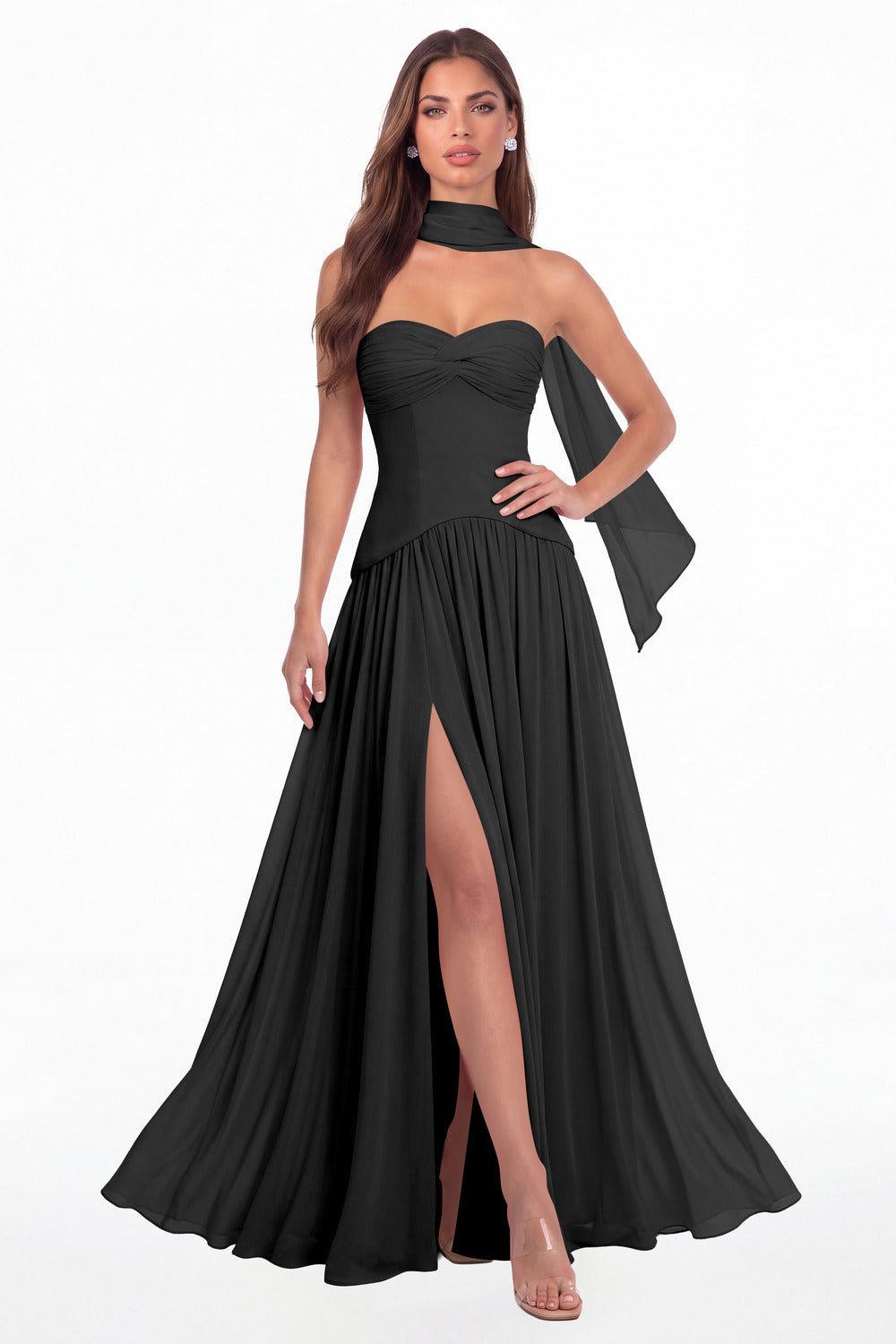 Black Strapless Ruched Chiffon Scarf Slit Maxi Gown - Front View