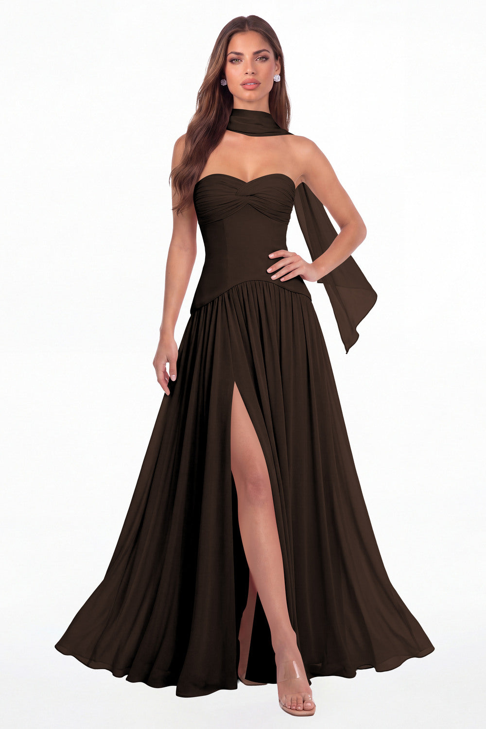 Brown Strapless Ruched Chiffon Scarf Slit Maxi Gown - Front View