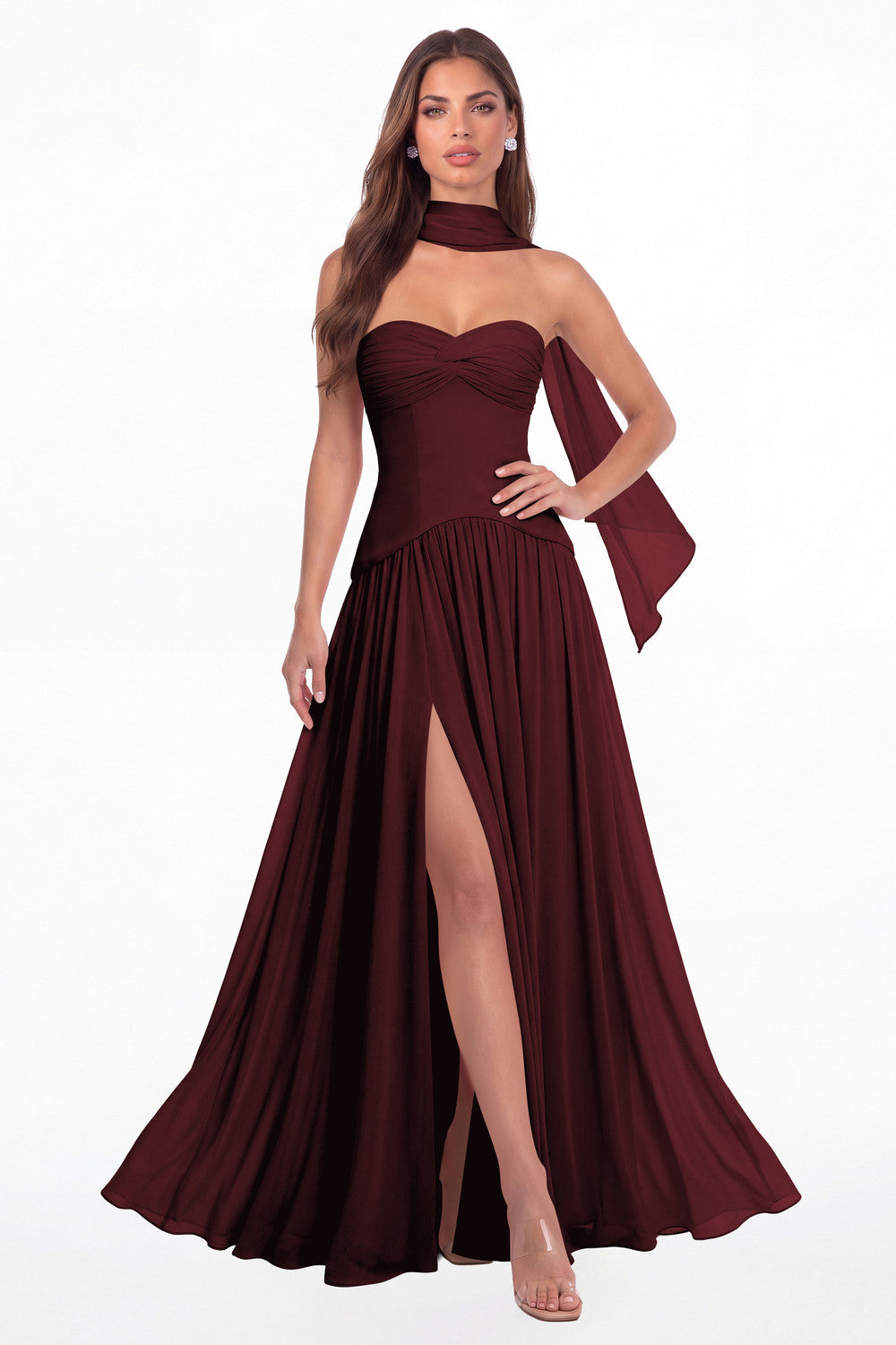 Burgundy Strapless Ruched Chiffon Scarf Slit Maxi Gown - Front View
