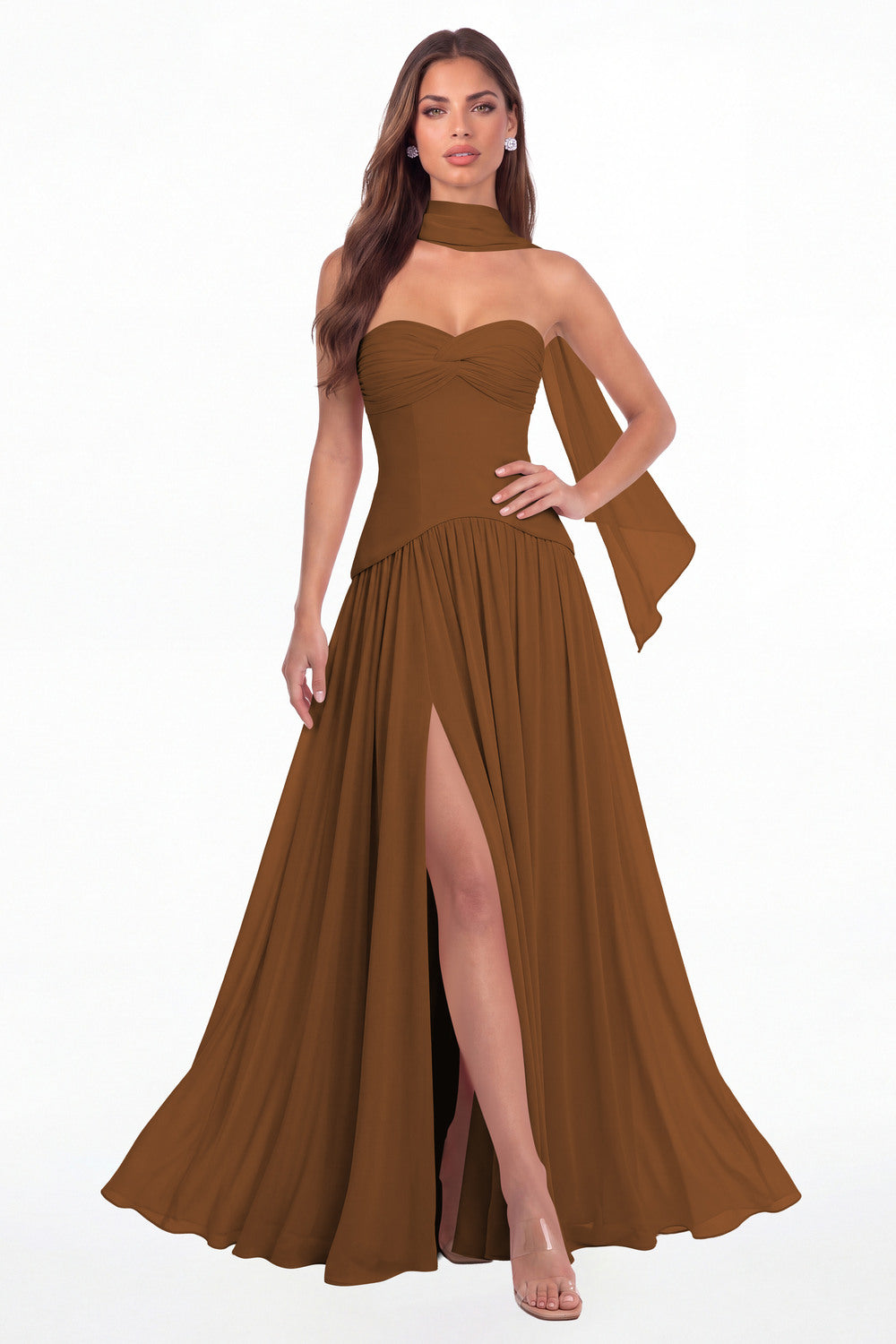Burnt Orange Strapless Ruched Chiffon Scarf Slit Maxi Gown - Front View