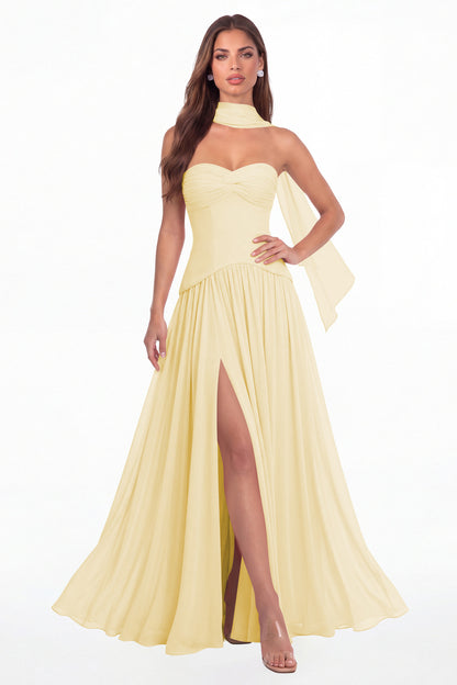 Butter Yellow Strapless Ruched Chiffon Scarf Slit Maxi Gown - Front View