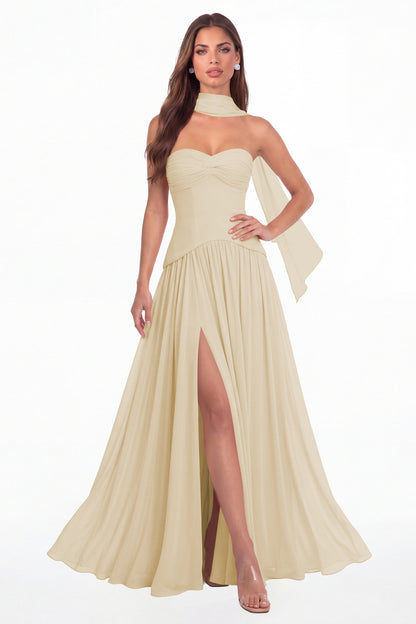 Champagne Strapless Ruched Chiffon Scarf Slit Maxi Gown - Front View