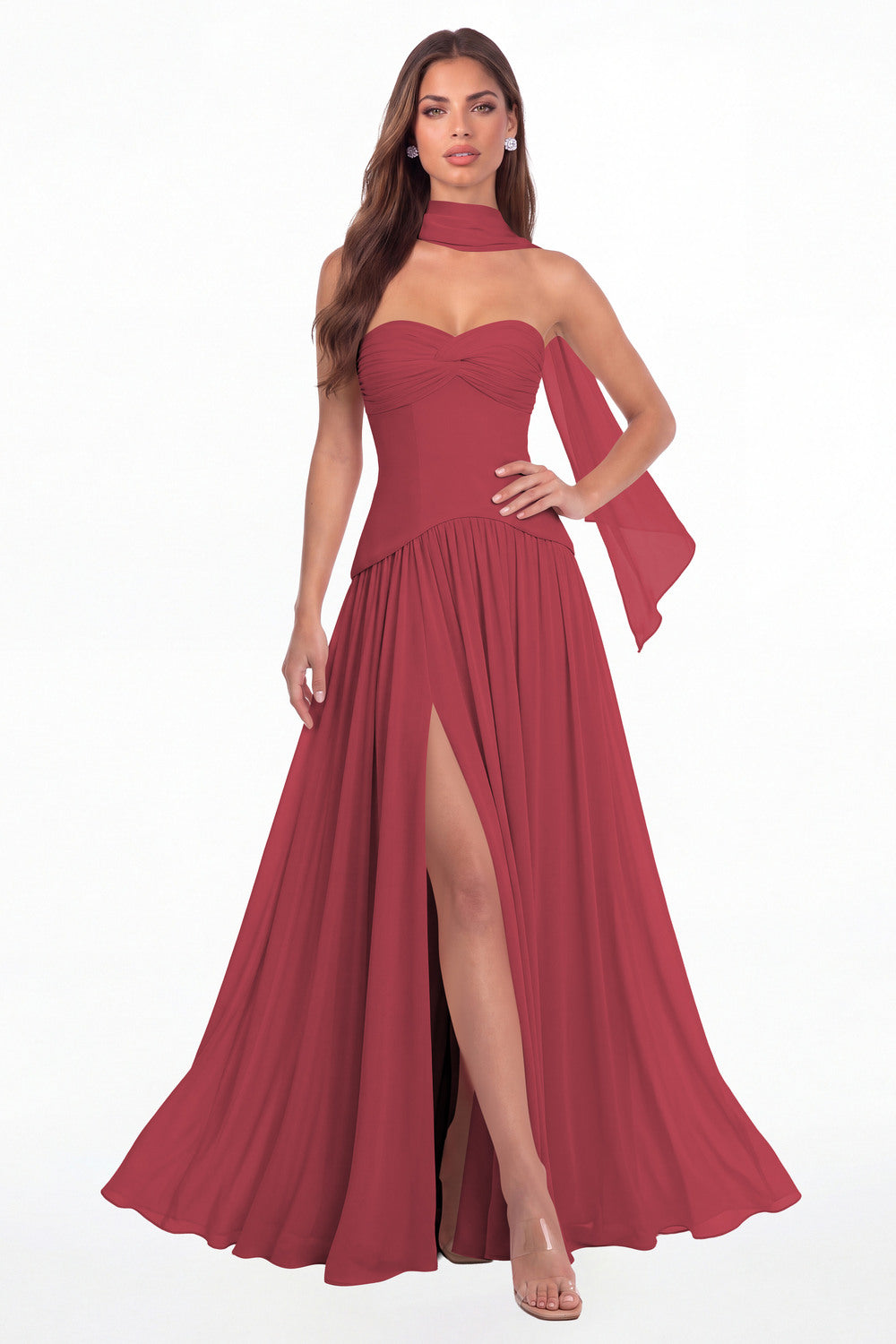 Desert Rose Strapless Ruched Chiffon Scarf Slit Maxi Gown - Front View
