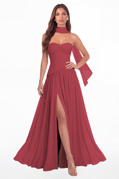 Desert Rose Strapless Ruched Chiffon Scarf Slit Maxi Gown - Front View