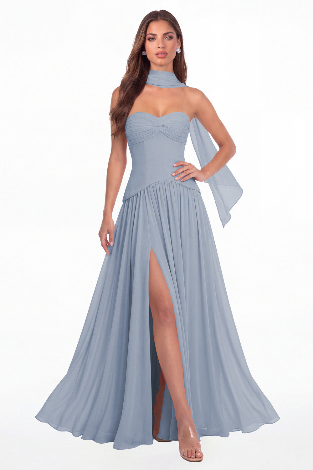 Dusty Blue Strapless Ruched Chiffon Scarf Slit Maxi Gown - Front View