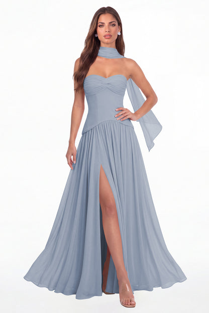 Dusty Blue Strapless Ruched Chiffon Scarf Slit Maxi Gown - Front View