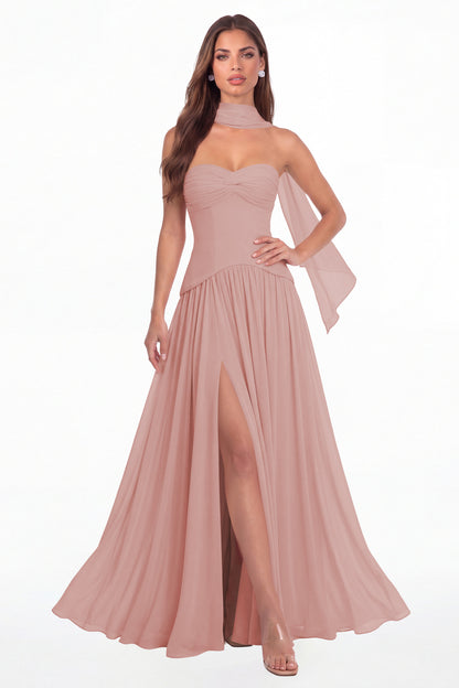 Dusty Rose Strapless Ruched Chiffon Scarf Slit Maxi Gown - Front View