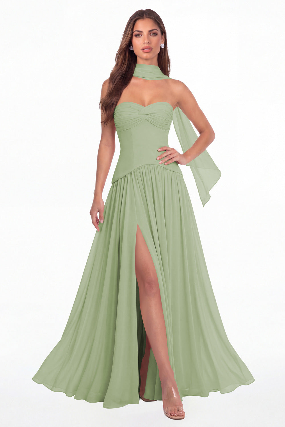 Dusty Sage Strapless Ruched Chiffon Scarf Slit Maxi Gown - Front View