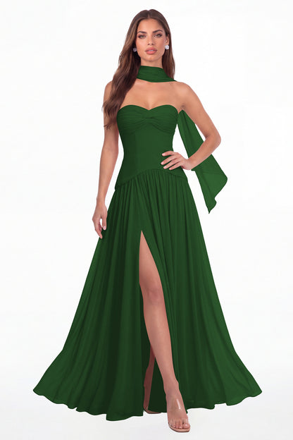 Emerald Green Strapless Ruched Chiffon Scarf Slit Maxi Gown - Front View