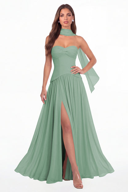 Eucalyptus Strapless Ruched Chiffon Scarf Slit Maxi Gown - Front View