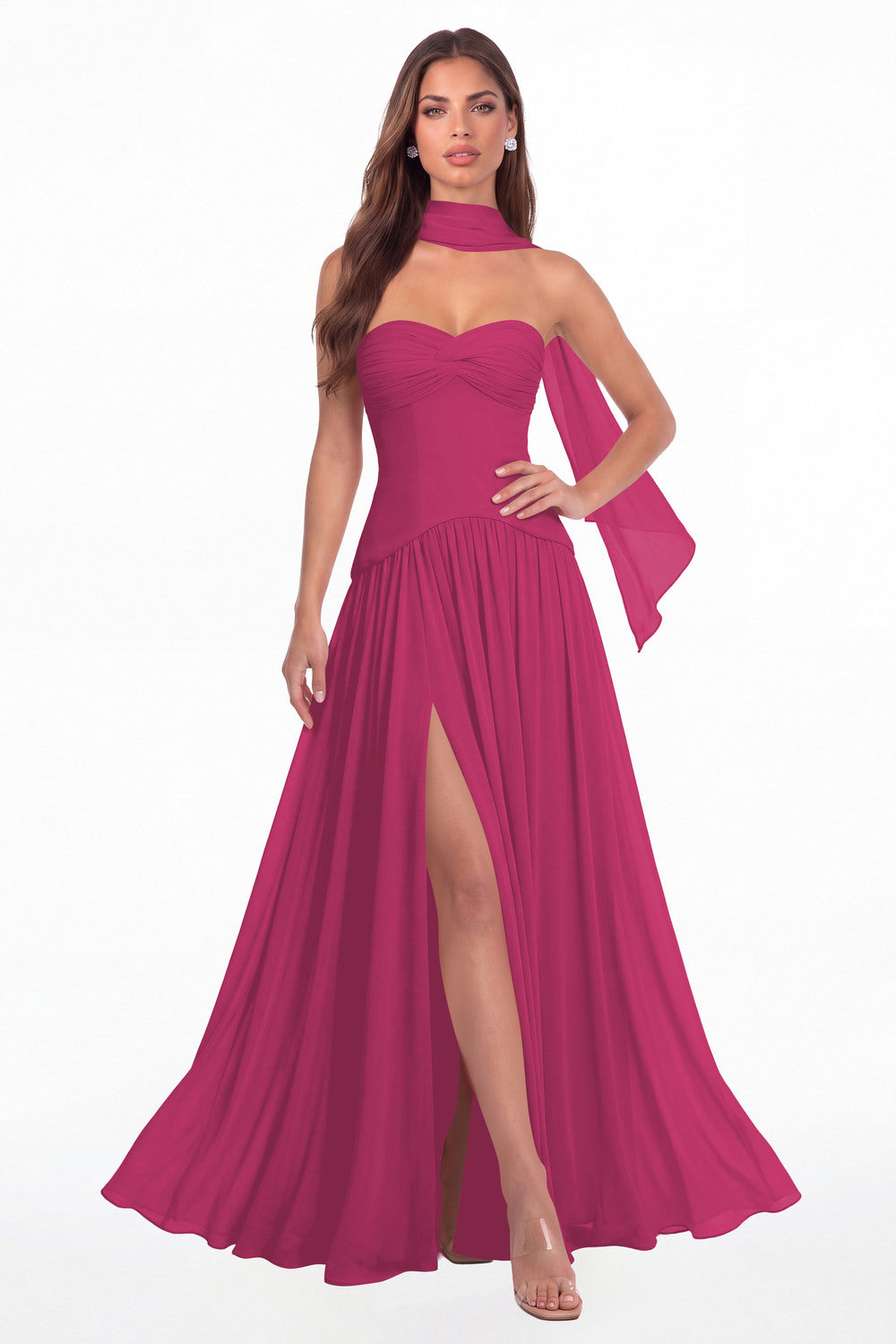 Fuchsia Strapless Ruched Chiffon Scarf Slit Maxi Gown - Front View