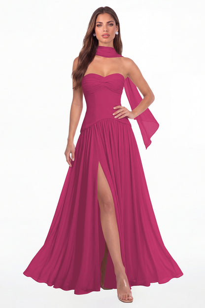 Fuchsia Strapless Ruched Chiffon Scarf Slit Maxi Gown - Front View