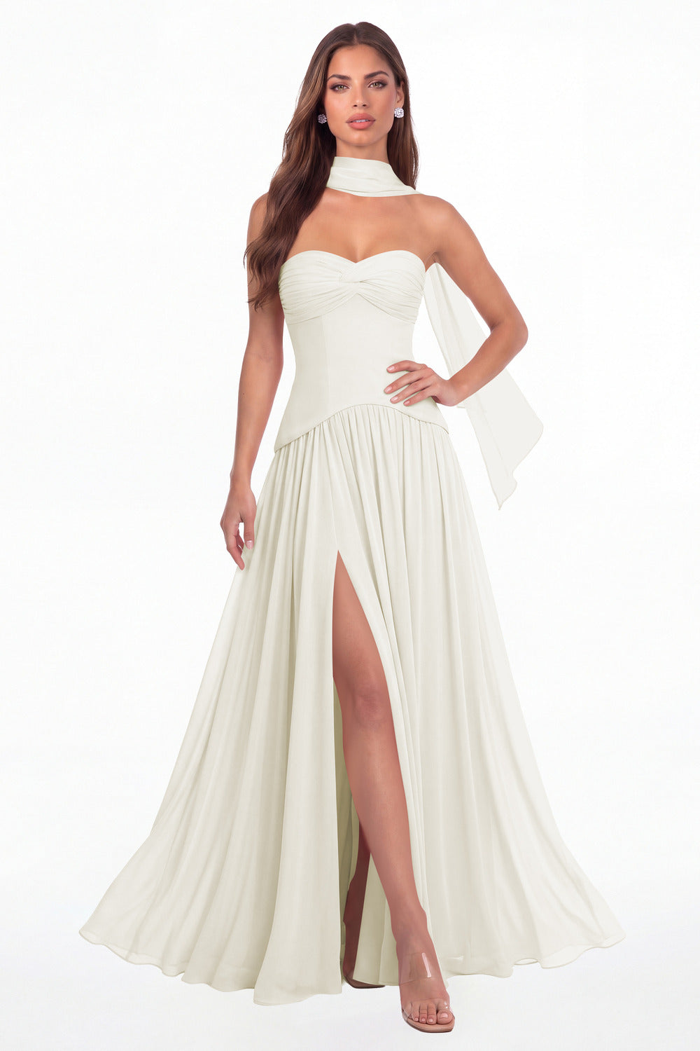 Ivory Strapless Ruched Chiffon Scarf Slit Maxi Gown - Front View