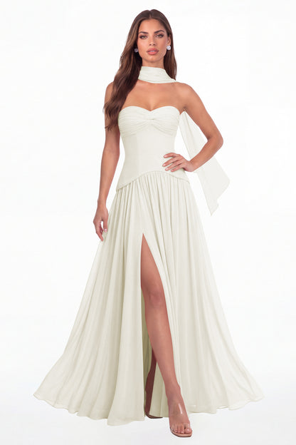 Ivory Strapless Ruched Chiffon Scarf Slit Maxi Gown - Front View