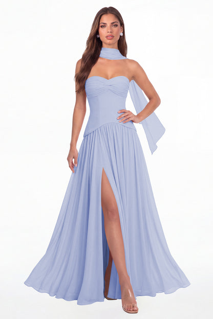 Lavender Strapless Ruched Chiffon Scarf Slit Maxi Gown - Front View