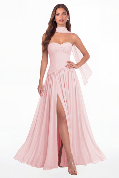 Light Pink Strapless Ruched Chiffon Scarf Slit Maxi Gown - Front View