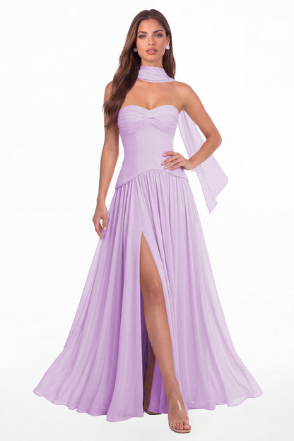 Lilac Strapless Ruched Chiffon Scarf Slit Maxi Gown - Front View