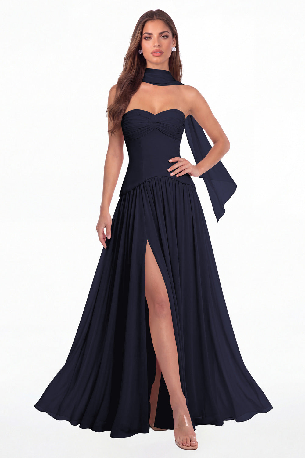 Navy Blue Strapless Ruched Chiffon Scarf Slit Maxi Gown - Front View