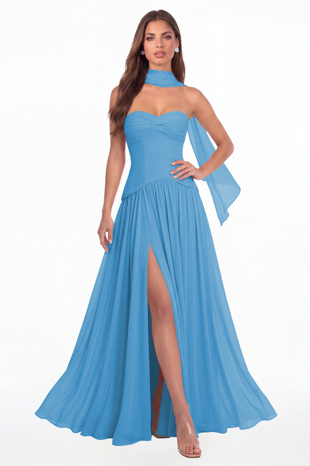 Ocean Blue Strapless Ruched Chiffon Scarf Slit Maxi Gown - Front View