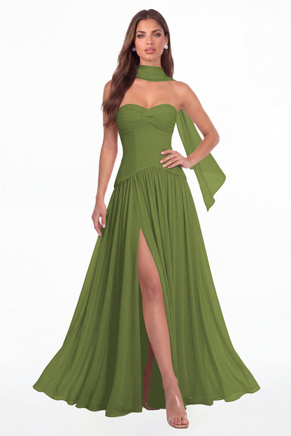 Olive Green Strapless Ruched Chiffon Scarf Slit Maxi Gown - Front View