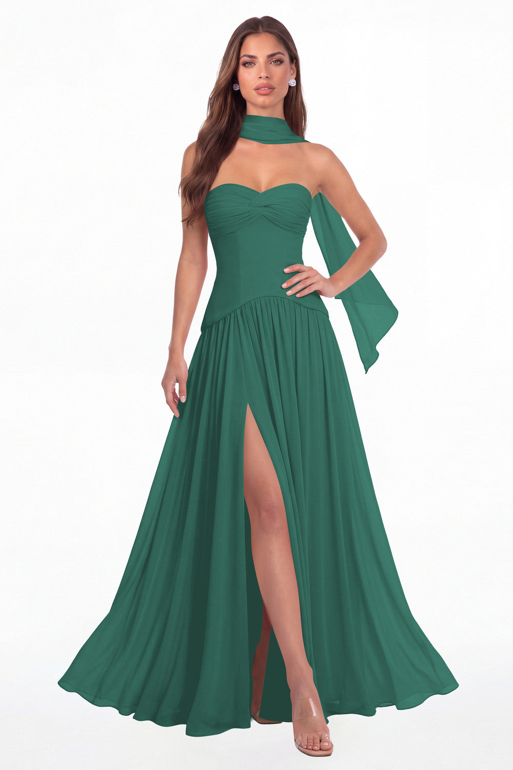 Peacock Strapless Ruched Chiffon Scarf Slit Maxi Gown - Front View