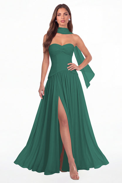 Peacock Strapless Ruched Chiffon Scarf Slit Maxi Gown - Front View