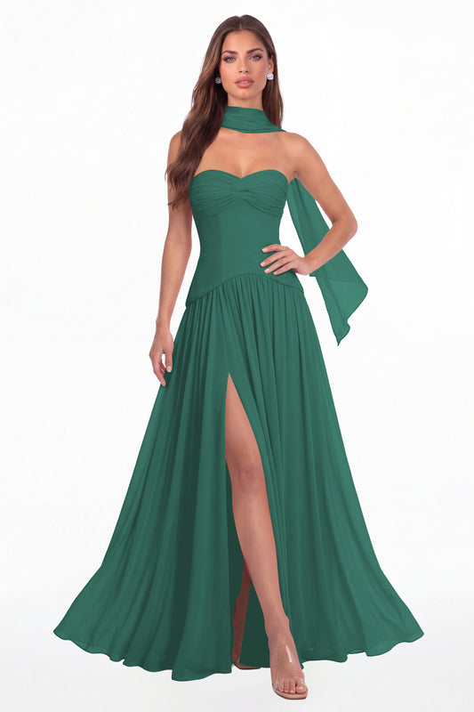 Peacock Strapless Ruched Chiffon Scarf Slit Maxi Gown - Front View