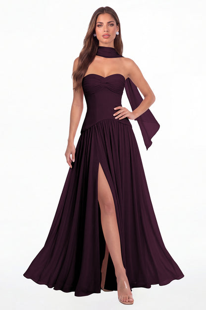 Plum Strapless Ruched Chiffon Scarf Slit Maxi Gown - Front View