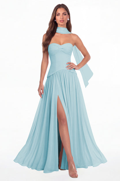 Powder Blue Strapless Ruched Chiffon Scarf Slit Maxi Gown - Front View