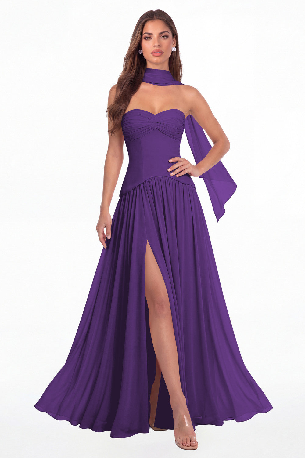 Purple Strapless Ruched Chiffon Scarf Slit Maxi Gown - Front View